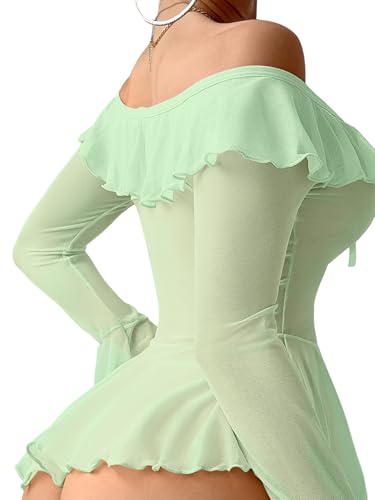 Image of Foxiny Sheer Ruffle Long Sleeve Babydoll Lingerie Dress | Off-shoulder neckline, flared cuffs and a flounce hem add movement; thong and thigh-high stockings complete the 3-piece set