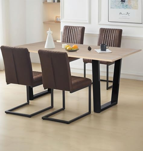Hallowood Furniture Dudley Dining Table and Chairs Set 4, Kitchen Table with U Shaped Metal Legs and Brown Leather Effect Cantilever Chairs for Home, Cafe and Office, Dining Table Set for 4