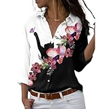 JMYECM Long Sleeve Button Down Dress Shirts for Women Funny Cat Floral Printed Casual Cute Dressy Fashion Work Blouses Trendy Tops White,L