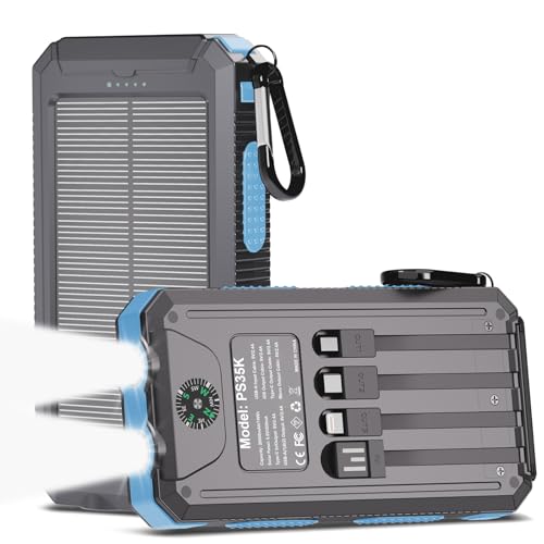 Image of Power Bank Solar Charger 20,000mAh, Portable Phone Charger, 4 Cables Outdoor Waterproof External Backup Power Charger with USB-C for Cell Phones, Solar Battery Pack with Dual Flashlight for Camping
