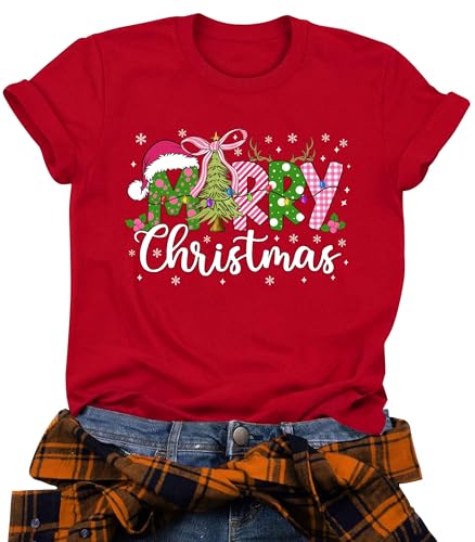 OCURHU Christmas Outfits for Women Merry Christmas Shirt Xmas Tree Tee Tops