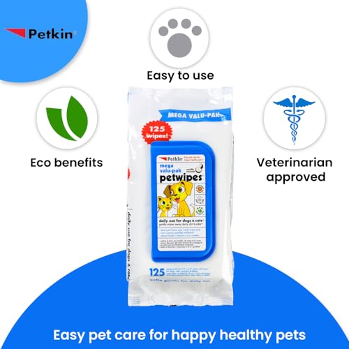 Image of Petkin Petwipes Mega-Value Pack for Dogs and Cats, Wipes Away Daily Dirt and Odor, Cleans Face, Ears, Body and Eye Area, Super Convenient, Ideal for Home or Travel 125 Wipes