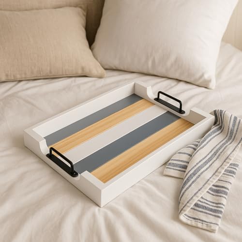 Wood Serving Tray with Metal Handle for Ottoman, Modern Rectangle Coffee Table Tray for Food Eating, White Decorative Tray, Size 17''x13'', Multicolor by MEHL CLUB - Used condition - Image 4