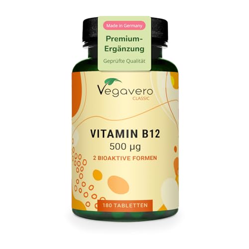 Vegavero Vitamin B12 hochdosiert - 500 g B12 Tabletten 180 Stück vegan - Vitamin-B12 Methylcobalamin & Adenosylcobalamin - Vitamintabletten ohne Zusatzstoffe