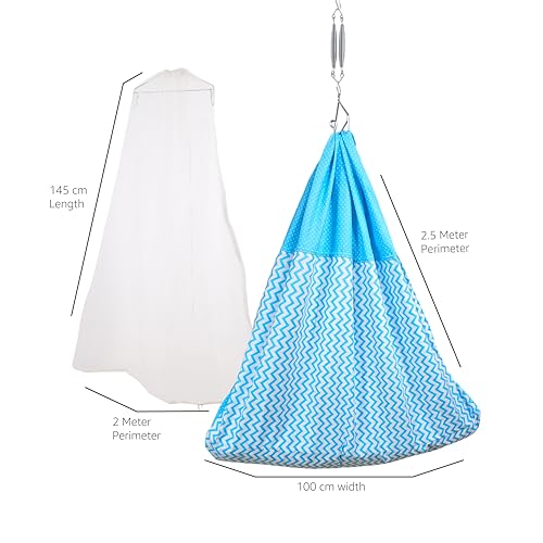 Image of beetot New Born Baby Swing Cradle (jhula) | Cradle Cloth with Removable Mattress Bed, Mosquito net, Spring and Triangle Hanger | Weight Capacity up to 20kg | Age from 0-12 Months (Sky Blue)