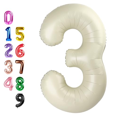 Image of Number Balloons Cream 3 Balloon 40 inch for 3rd Birthday Party Decoration | Saturated Color, Large 40 inch, With Inflation Straw & Hanging Holes, Great for Wedding, Anniversary, Thanksgiving, Christmas