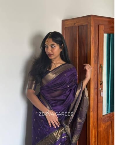Image of ZECVA Women's Pure Soft Spun Cotton Lichi Silk Saree For Women With Attach Unstitch Blouse Piece