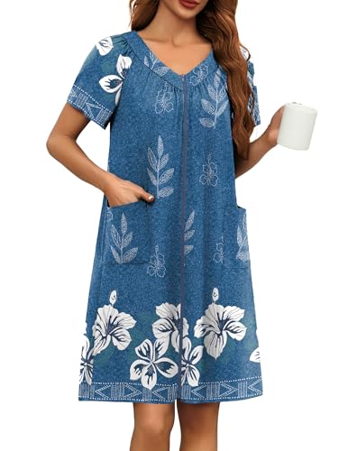 Image of Ekouaer Women Robe Zipper Front Mumu Duster Robes Zip Up Housecoat Soft Sleepwear with Pockets