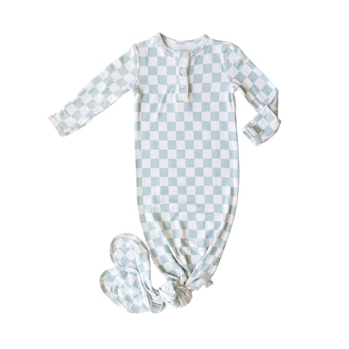 Checkered Knotted Gown Baby Newborn, Viscose derived from Bamboo, Infant Sleeper with Mittens, Baby Girl, Baby Boy