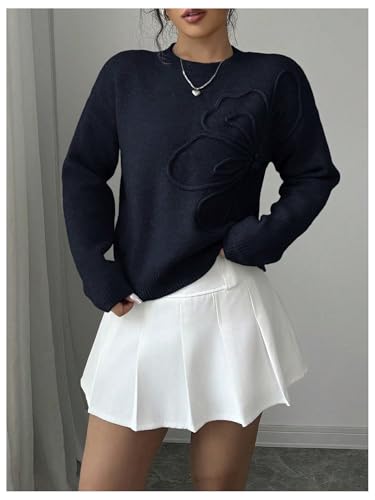 Image of RoseSeek Women's 3D Floral Appliques Crewneck Sweaters Long Sleeve Drop Shoulder Pullovers Elegant Knit Tops