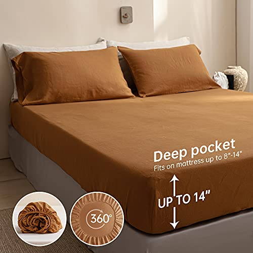 Simple&Opulence 100% Linen Sheet Set Solid Color-4 Pcs Washed French Linen Bed Sheets(1 Flat Sheet,1 Fitted Sheet,2 Pillowcases)-Breathable Bedding Set (Rust, Queen) #TOP2