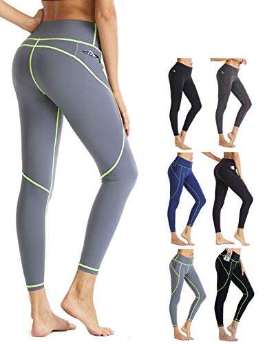 Rocorose Leggings for Women Athletic Yoga Lounge Pants Waist Active Joggers Sweatpants,Gray & Green Line,M