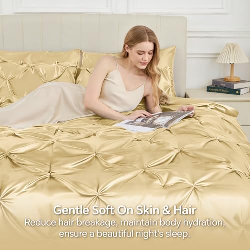 Image of BEDELITE Satin Comforter Set Full Size, 7 Pieces Pintuck Bed in A Bag with Comforter, Flat Sheet, Fitted Sheet, Pillowcases, Shams, Soft Cozy Similar to Silk Bed Set for All Seasons (Champagne)