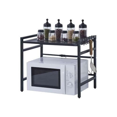 ZZINOKE 2-Stufiger Mikrowellenregal, Mikrowellenständer mit 6 Haken, Höhen und Längenverstellbares Küchenarbeitsplattenregal，mit Rutschfesten Gummifüßen, Stabiles Küchenregal, 40-60×35×45.5cm, Schwarz
