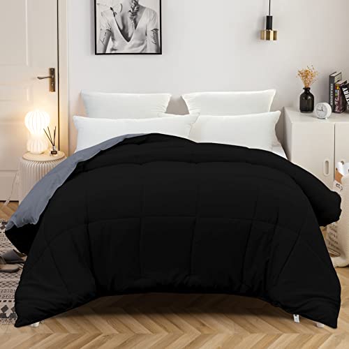 MOHAP Couette Bicolore Chaude l'hiver 450g/m² Épais 220x240cm Hypoallergénique Bicolore Noir + Gris Foncé Couette de Lit Réversible 2 Personnes Edredon