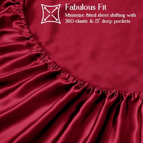 Image of Homiest Burgundy Queen Ruffle Pillowcase & Satin Fitted Sheet Set 3Pcs | Silky Satin Protects Hair And Skin, 15-Inch Deep Pocket, Pearlescent Rich Vintage Warmth, Easy Machine Wash Care