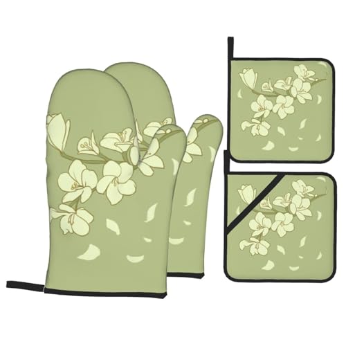 Lot de 4 maniques et maniques à imprimé bégonia de dessin animé – Gants antidérapants à haute chaleur pour cuisine