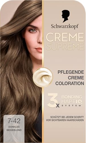 Schwarzkopf Creme Supreme Coloration 7-42 Dunkles Beigeblond (182 ml), dauerhafte Haarfarbe mit Serum und Haar-Maske schützt vor sichtbaren Haarschäden, für 100% Grauabdeckung