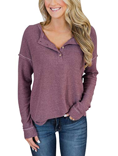 PRETTODAY Women's Long Sleeve Waffle Knit Henley Tops Thermal Button Up Tunics Round Neck Pullovers (Small, 2-Brick Purple)
