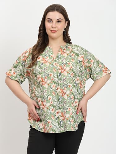 Image of SINDOORI Relaxed Fit Tops for Women Plus Size Solid Printed Mandarin Collar, Band Collar, V-Neck Top, Half Sleeve Loose Fit