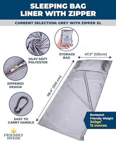 The Friendly Swede Sleeping Bag Liner - Adult Sleep Sack with Pillow Pocket, Lightweight Travel Sheets for Hotel, Camping Sheets and Backpacking Stuff Sack, Grey Polyester, Zipper, XL