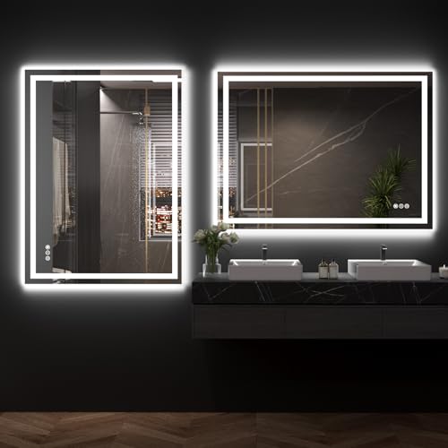 40"X32" LED Bathroom Mirror with Front Lights and Backlit, Anti-Fog, Dimmable, Shatter-Proof Tempered Glass, Lighted Bathroom Vanity Mirror for Wall with 3 Colors, Memory Function