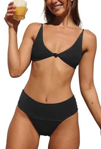 KRLAGAPAS Women's Black Sexy Bikini Sets 2 Piece Swimsuit, Knot Triangle Bikini Top, High Leg Super Cheeky Bottom, SW13Black 4