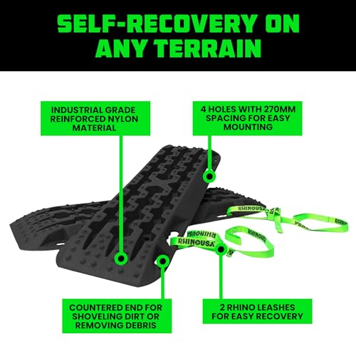 Rhino USA Off-Road Recovery Traction Boards - 2 Pack Ultimate Tire Traction Mountable Mats for 4X4 Vehicles in Sand, Mud & Snow. Heavy Duty Zipper Carry Bag and Leashes Included - (Black)