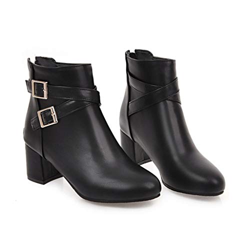 MIOKE Women's Round Toe Dressy Ankle Boots Trendy Buckle Zipper Chunky Mid Heel Chelsea Dressy Short Booties3