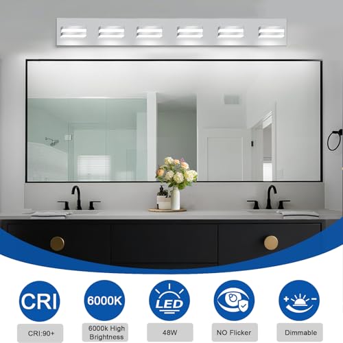 Image of IZORRO LED Modern Bathroom Lights Fixtures(6-Light,Dimmable,360Rotate),Chrome Acrylic Wall Lighting,Vanity Lights for Bathroom Over Mirror - 6000k 36In (No Assembly Required)