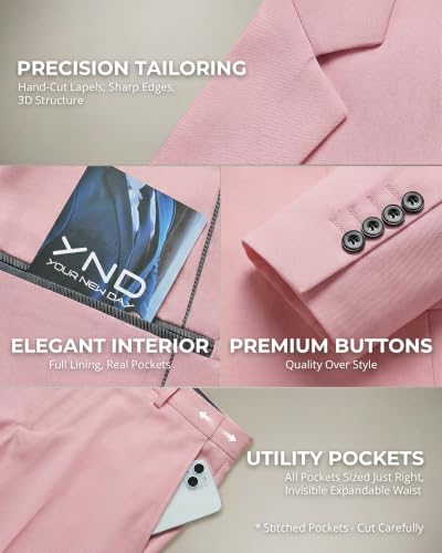 Image of YND Men's 3 Piece Suit with Tie, Solid Color Slim Fit Jacket Vest and Pants