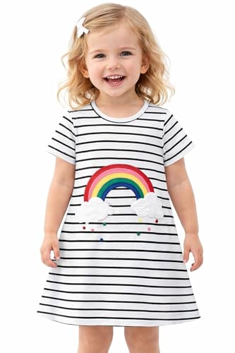 Image of HILEELANG Little Girl Short Sleeve Dress Easter Cotton Casual Applique Tunic Shirt Dresses