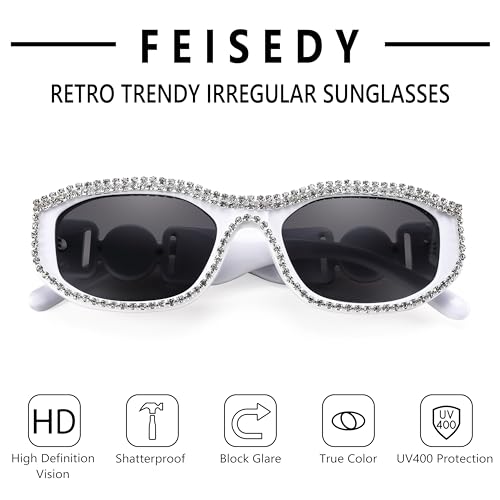 FEISEDY Rectangle Rhinestone Sunglasses for Women Men Bling Jeweled Retro Square Sunglasses 90s Vintage Shades B00914