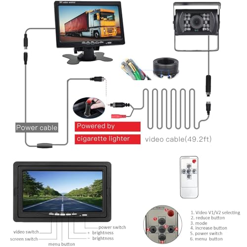 Rückfahrkamera Set mit 7 Zoll Rear View Monitor, IP68 wasserdichte Nachtsicht Auto Backup-Kamera, Kabel Stabilem Signal Rückfahrkamera 12V - 24V mit 15m Kabel für Wohnmobil Van Trucks Bus Trailer