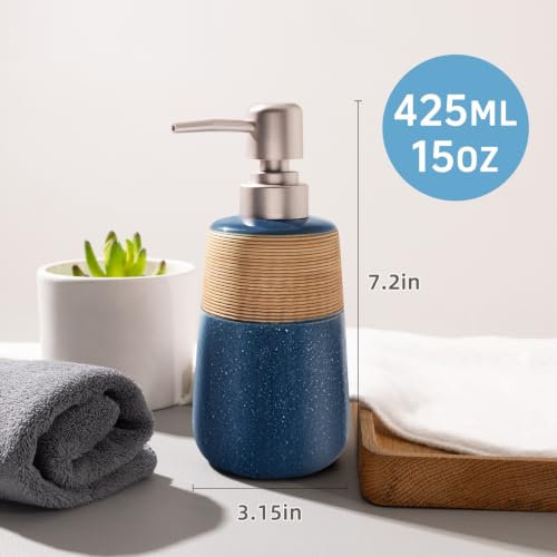 Image of Hand Soap Dispenser, Ceramic Liquid Soap Dispenser for Bathroom Countertop Dish Hand Soap Dispenser for Kitchen Sink, Bathroom Lotion Bottle Dispensers Boho Kitchen Home Decor,15 OZ Blue