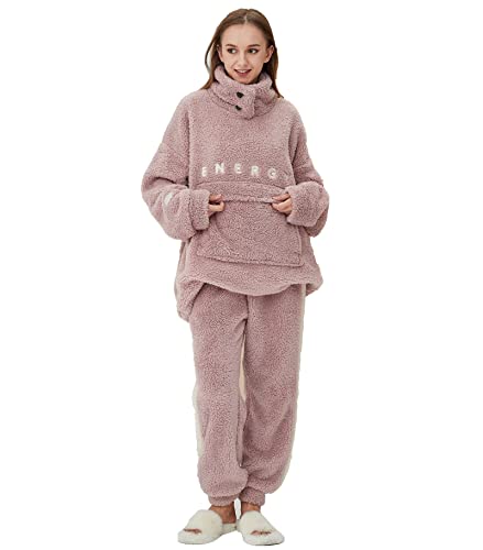 iyoimono Schlafanzug Für Damen 2-Set Pyjama Mit Lange Oberteile Und Hosen Polar Fleece Hausanzug Kuschelige Und Flanell Nachtwasche PjS Für Frauen Flanell Fleece Winter Sleepwear(1038 Rosa,M) Cover