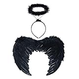 Flyglobal Engelsflügel Schwarz Halloween Engel Kostüm Feder Flügel Dunkler Engel Kostüm Kinder Engelsflügel mit Heiligenschein für Halloween Cosplay Christkind Masquerade und Karneval (Schwarz)