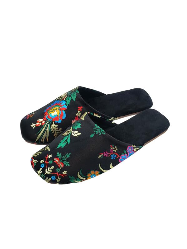 Women's Embroidered Satin Closed-Toe House Slippers - Comfortable Indoor Slides