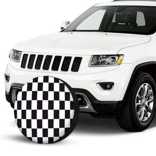Image of Checkered Racing Flag Spare Tire Cover Black and White Symbolic Design of End of Car Race Polyester Universal Wheel Tire Cover for Trailer Camping Weatherproof for Rv SUV Truck Camper Travel 17 inch