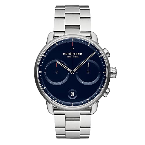 Nordgreen Skandinavische Design Herren Uhr Analog Quarz Silber | Blaues Ziffernblatt | Silbernes, auswechselbares 3-Link Armband | Modell: Pioneer