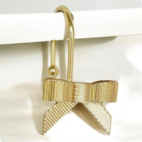 12PCS Decorative Bow Shower Curtain Hooks Gold, Bow Knot Curtain Hooks Shower Rings for Bathroom Baby Room Nursery Art Decors (Gold)