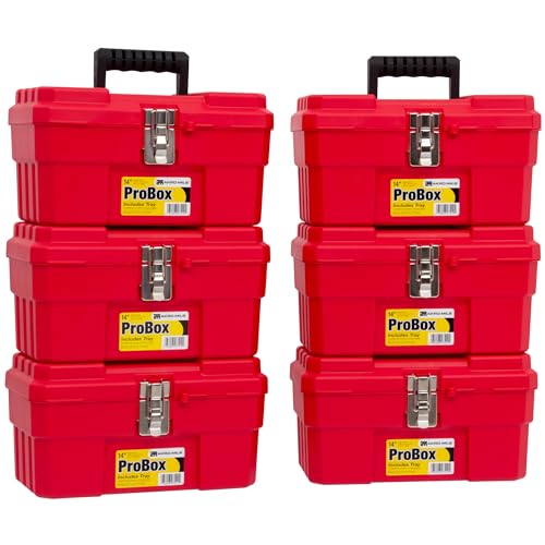 Image of Akro-Mils 14-Inch Plastic Toolbox with Removable Tray, Steel Latch & Padlock Eye, Heavy Duty Tool Box for Tools, Crafts, First Aid & Hobby Supplies, 14 inch x 8 inch x 8 inch, Made in USA, 6-Pack, Red (09514)