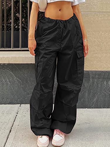 LQI Parachute Pants for Women Y2K Baggy Cargo Pants Drawstring Trousers Low Rise Loose Jogger Sweatpants3