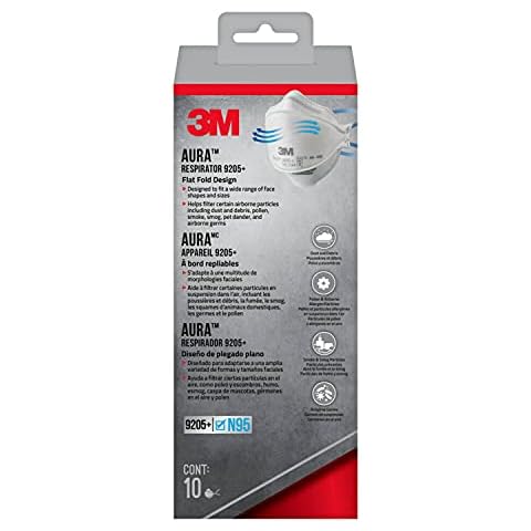 3M Aura Particulate Respirator 9205+ N95, Lightweight, Three Panel Designed Respirator Helps Provide Comfortable And Convenient Respiratory Protection, 10-Pack Cover