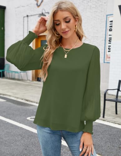 Image of Aifer Womens Tops Dressy Casual Long Sleeve Shirts Chiffon Blouses | Sheer Pleated Lantern Sleeves, Crew Neck, Back Keyhole, Versatile, Ideal for Office Workwear, Daily Outfits, Party Looks