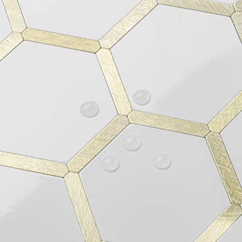 Dicofun 10-Sheet Hexagon Peel And Stick Backsplash Tile, Polished White Tile Look Mixed Metal Gold Kitchen Backsplash Peel And Stick Wall Tiles #TOP2