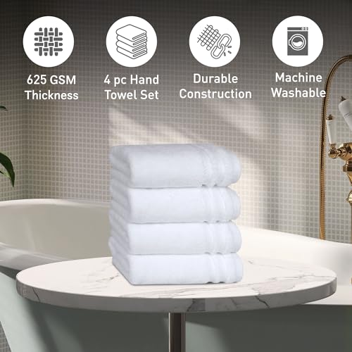Image of MYTRIDENT Hand Towels Set of 4 Cotton | Finesse Collection | 40 cm x 60 cm | Kitchen Hand Towel | 625 GSM, Zero-Twist, Luxuriously Soft, 100% Cotton - White