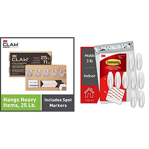 3M CLAW Drywall Picture Hangers Holds 25 lb. & Command Designer Hooks, Medium, White, 9-Hooks