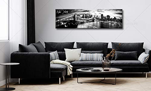 Image of New York Skyline Canvas Wall Art, B&W Brooklyn Bridge Print 13.8x47.3 | NYC Cityscape Print, Bedroom Office Decor, Canvas Wrapped Frame, Wide Panoramic Art, Ready Hang, Urban NY Wall Decor
