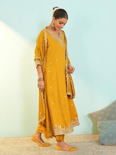 Image of Naixa Women's Vichitra Silk Embroidered A-Line Kurta with Pant and Dupatta Sets (NX-845)